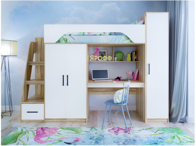 Кровать-чердак Тея + Шкаф, Белый/Ясень