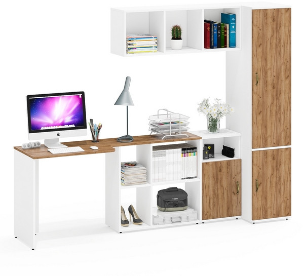 Лидер-8 Стол + Полка + Тумба МД 3.19 + Пенал МД 23Б, цвет белый шагрень/крафт золото, ШхГхВ 245х50х75/190 или 115х160/50х75/190 см., НЕ ун. сб.