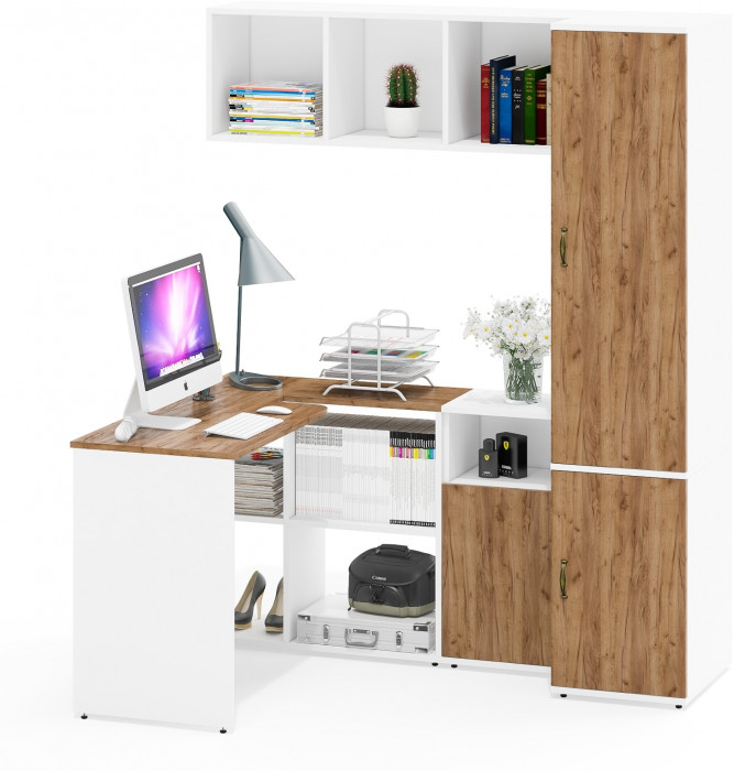 Лидер-8 Стол + Полка + Тумба МД 3.19 + Пенал МД 23Б, цвет белый шагрень/крафт золото, ШхГхВ 245х50х75/190 или 115х160/50х75/190 см., НЕ ун. сб.