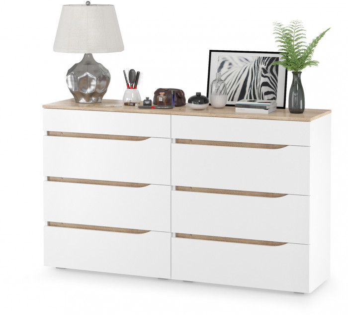 Муссон 13.97 Комод + 13.97 Комод, цвет белый/дуб эндгрейн элегантный, ШхГхВ 154х39,4х92,6 см., четыре выдвижных ящика, ручки-вырезы