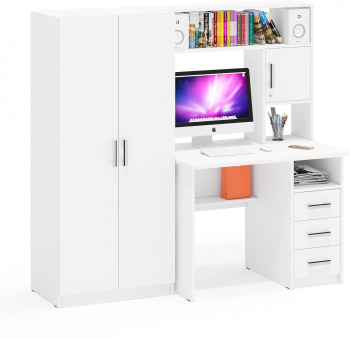 Стол компьютерный С-МД-СК9+Шкаф С-МД-СК9Ш, цвет белый шагрень, ШхГхВ 172х70х160 см., НЕ универсальная сборка