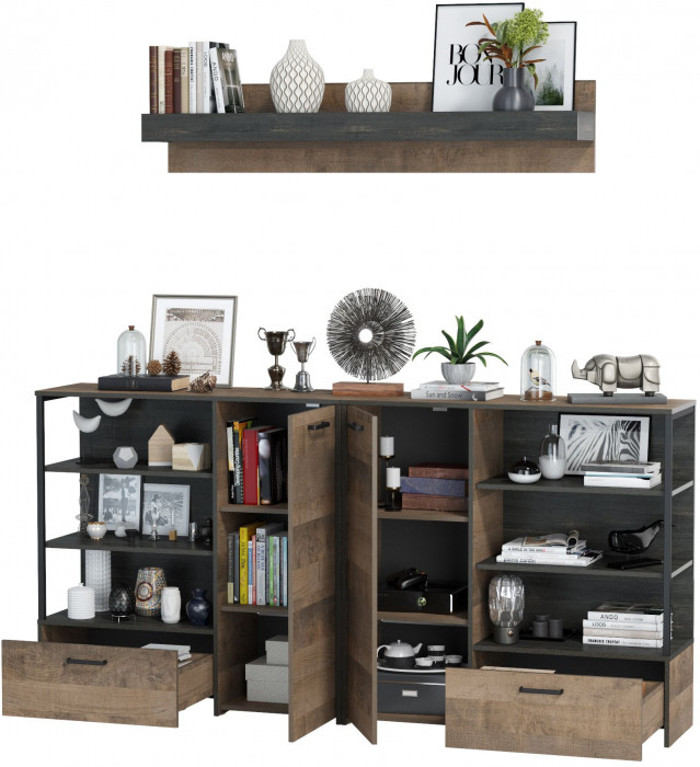 Трувор Гостиная 001, цвет дуб гранж песочный/интра, ШхГхВ 218х36,9х195 см., универсальная сборка