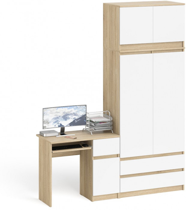 Мори Стол компьютерный МС-1 левый + Шкаф МШ900.1 + Антресоль МА900.1, цвет дуб сонома/белый, ШхГхВ 180,4х50,4х234,2 см., выдвиж. ящ. слева, НЕ ун. сб.