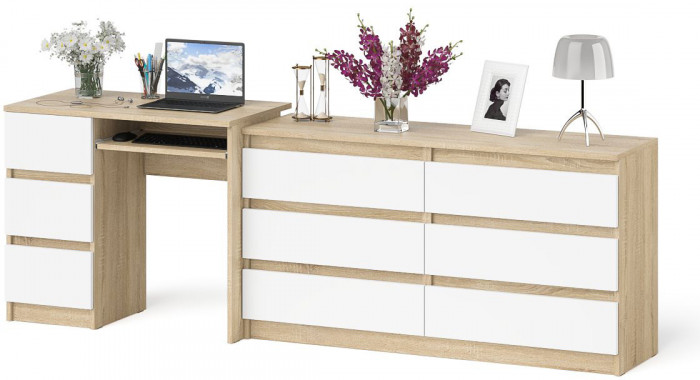 Мори Стол компьютерный МС-6 левый + Комод МК1380.6, цвет дуб сонома/белый, ШхГхВ 228х50х76,6 см., выдвижные ящики слева, НЕ универсальная сборка