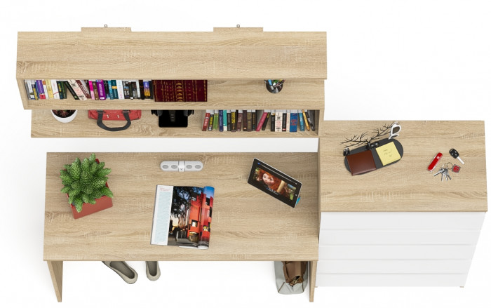 Мори Стол письменный МСП1200.1 + Комод МК700.5 + Полка 1200, цвет дуб сонома/белый, ШхГхВ 190,8х50х209,6 см., универсальная сборка