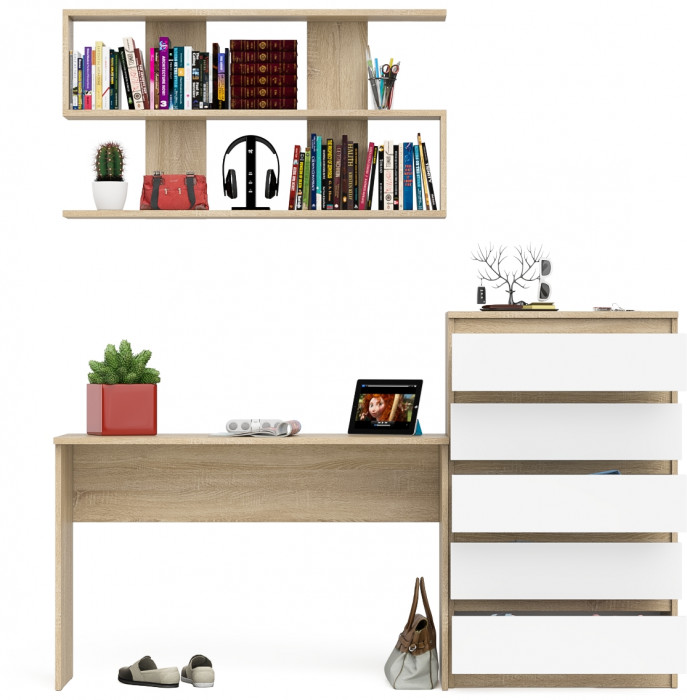 Мори Стол письменный МСП1200.1 + Комод МК700.5 + Полка 1200, цвет дуб сонома/белый, ШхГхВ 190,8х50х209,6 см., универсальная сборка