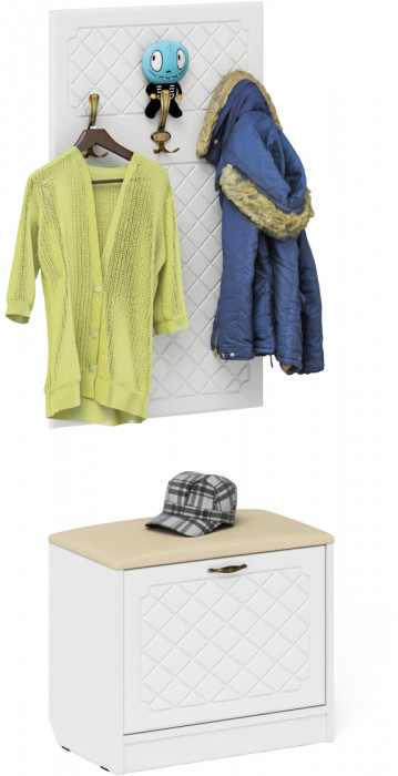 Прихожая П-6 Тумба + Вешалка, белая шагрень/фасады МДФ белое дерево фрезеровка ромб