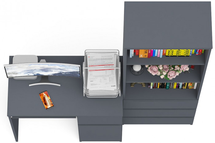 Мори Стол компьютерный МС-1 правый + Стеллаж МСТ600.3, цвет графит, ШхГхВ 150,4х50х179,6 см., выдвижной ящик справа, НЕ универсальная сборка