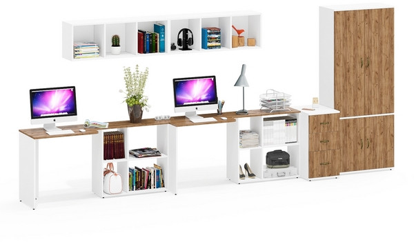 Лидер-8 Стол + Полка + Стол + Полка + Шкаф МД 20Б + Тумба МД 3.16, белый шагрень/крафт золото