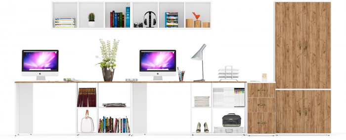 Лидер-8 Стол + Полка + Стол + Полка + Шкаф МД 20Б + Тумба МД 3.16, белый шагрень/крафт золото