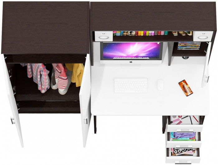 Стол компьютерный С-МД-СК9+Шкаф С-МД-СК9Ш, цвет венге/белый шагрень, ШхГхВ 172х70х160 см., НЕ универсальная сборка
