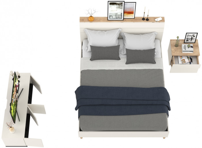 Муссон Кровать 11.41 + ортопед + Тумба 16.03 + Тумба ТВ 13.276, цвет белый/чёрный/дуб эндгрейн элегантный, сп. м. 1600х2000 мм., б/м