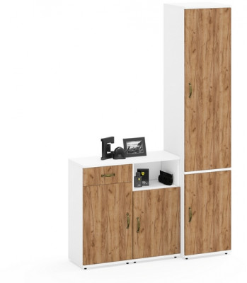 Лидер-8 Пенал МД 22Б + Тумба МД 3.15 + Тумба МД 3.19, белый шагрень/крафт золото