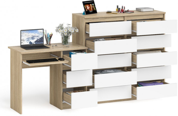 Мори компьютерный стол МС-6 правый + Комод МК1200.10, дуб сонома/белый