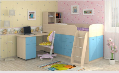 Детская кровать-чердак Дюймовочка-1, Синий / Дуб молочный