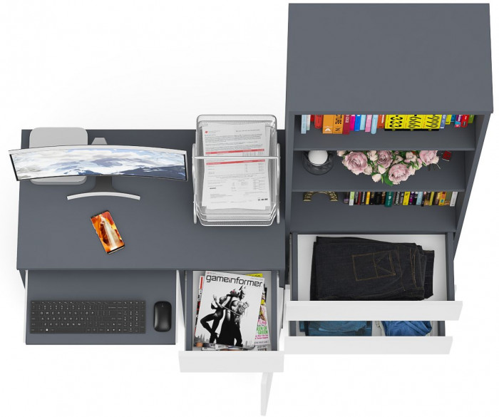 Мори Стол компьютерный МС-1 правый + Стеллаж МСТ600.3, цвет графит/белый, ШхГхВ 150,4х50х179,6 см., выдвижной ящик справа, НЕ универсальная сборка