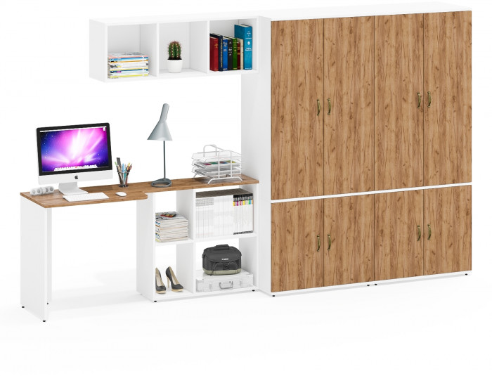 Лидер-8 Стол + Полка + Шкаф МД 19Б + Шкаф МД 19Б, цвет белый шагрень/крафт золото, ШхГхВ 325х50х75/190 или 240х115/50х75/190 см., НЕ ун. сборка