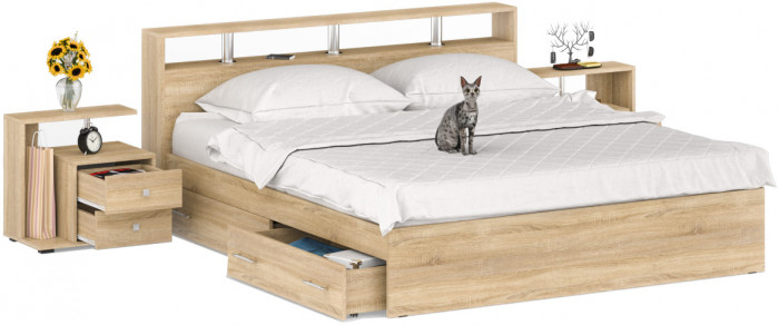 Камелия Кровать с ящиками 1800 + две тумбы, дуб сонома