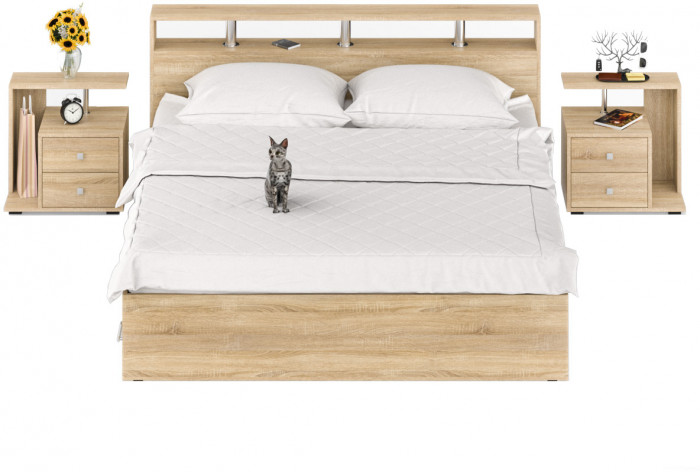 Камелия Кровать с ящиками 1800 + две тумбы, дуб сонома
