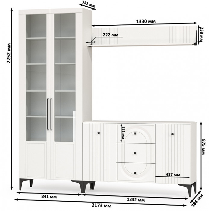 Валенсия Гостиная № 096, цвет ЛДСП белый шагрень/МДФ белый шагрень, ШхГхВ 217,3х38,4х225,2 см., универсальная сборка