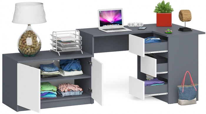 Мори Стол компьютерный МС-16 правый + Тумба МА900.1, цвет графит/белый, ШхГхВ 214,8х84,9х76,6 см., выдвижные ящики справа, НЕ универсальная сборка
