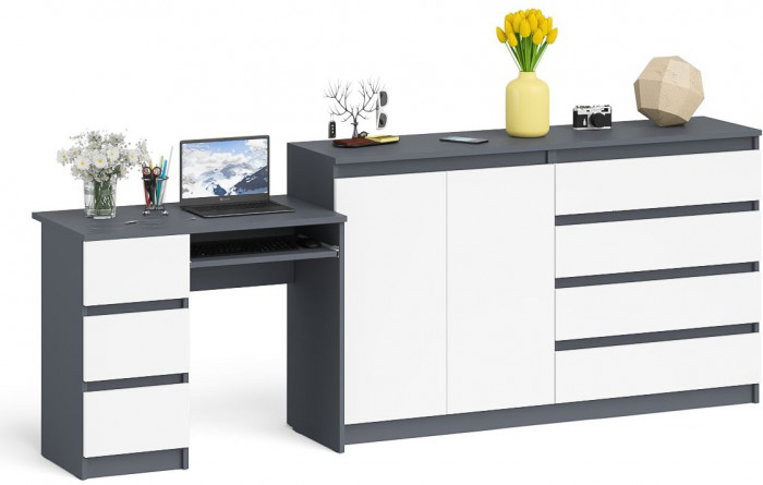 Мори Стол компьютерный МС-6 левый + Комод МК1600.1, цвет графит/белый, ШхГхВ 250,4х50х94 см., выдвижные ящики слева, НЕ универсальная сборка