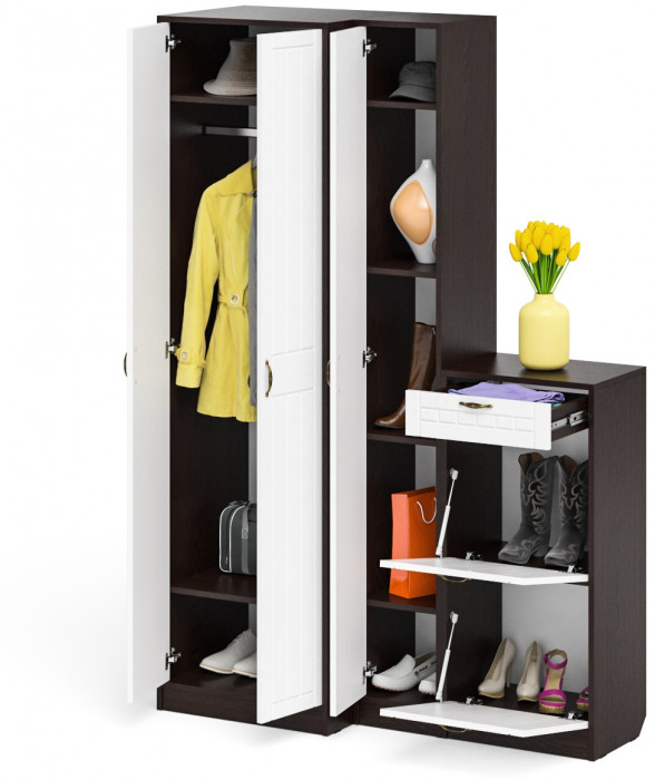 Прихожая П-6 Компоновка № 28, венге/фасады МДФ белое дерево фрезеровка прованс