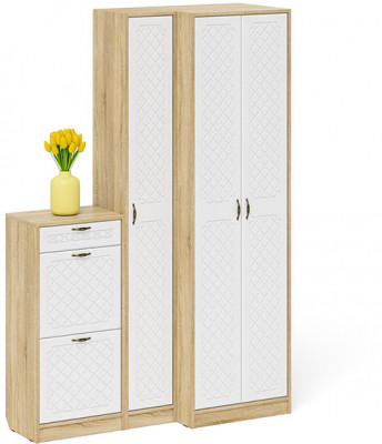 Прихожая П-6 Компоновка № 28, цвет дуб сонома/фасады МДФ белое дерево фрезеровка ромб, ШхГхВ 140х50х210 см., универсальная сборка