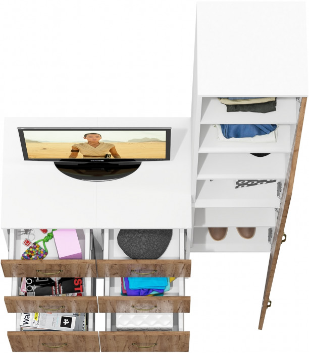 Лидер-8 Пенал МД 22Б + Тумба МД 3.16 + Тумба МД 3.16, белый шагрень/крафт золото