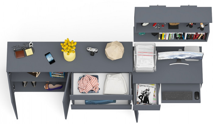 Мори компьютерный стол МС-1 левый + Комод МК1600.1 + Полка 900, графит