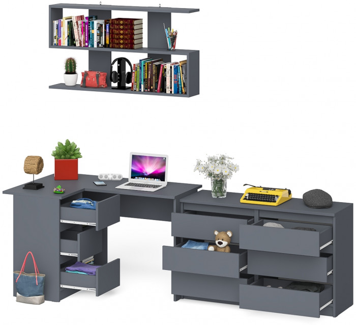 Мори компьютерный стол МС-16 левый + Комод МК1200.6 + Полка 1200, графит