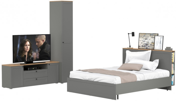 Остин 11.53 Кровать + ортопед + 13.225 Шкаф-пенал + 16.47 Тумба под ТВ, серый графит/дуб крафт золотой