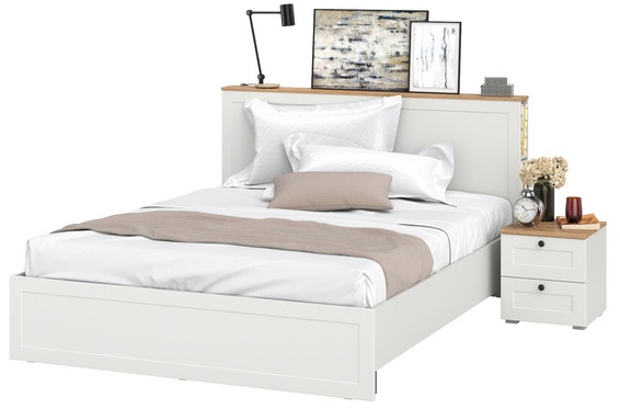 Остин 11.53 Кровать + ортопед + 16.152 Тумба прикроватная, белый шагрень/дуб крафт золотой