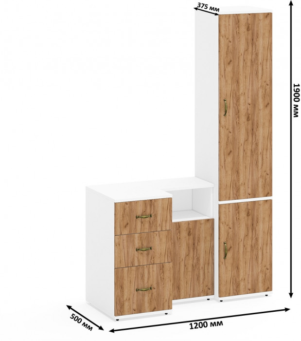 Лидер-8 Пенал МД 22Б + Тумба МД 3.16 + Тумба МД 3.19, цвет белый шагрень/крафт золото, ШхГхВ 120х50х190 см., универсальная сборка
