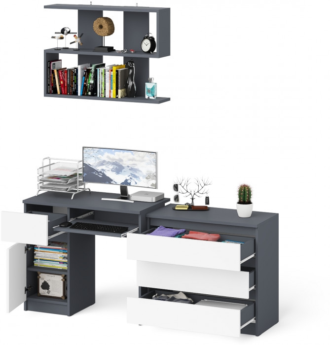 Мори Стол компьютерный МС-1 левый + Комод МК800.1 + Полка 900, цвет графит/белый, ШхГхВ 170,4х50х209,6 см., НЕ универсальная сборка