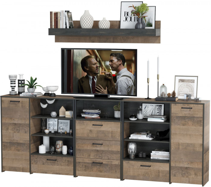 Трувор Гостиная 005, цвет дуб гранж песочный/интра, ШхГхВ 284х37х195 см., универсальная сборка