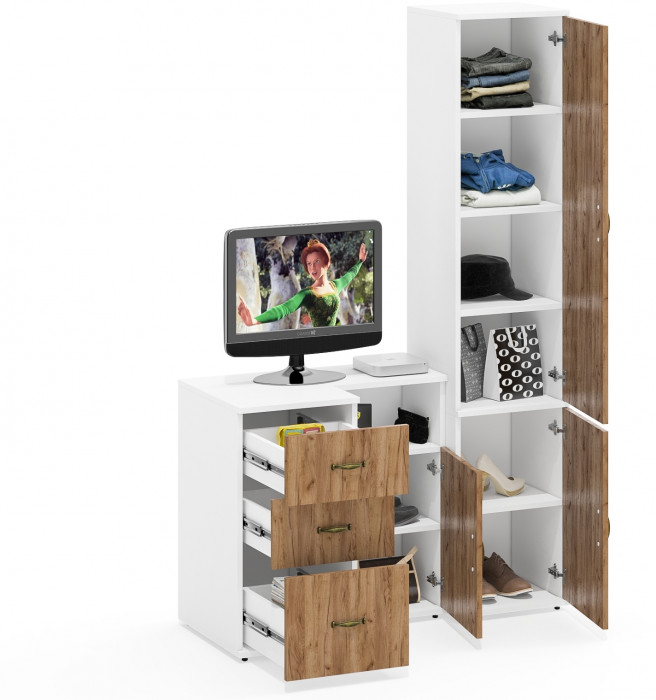 Лидер-8 Пенал МД 22Б + Тумба МД 3.16 + Тумба МД 3.19, белый шагрень/крафт золото