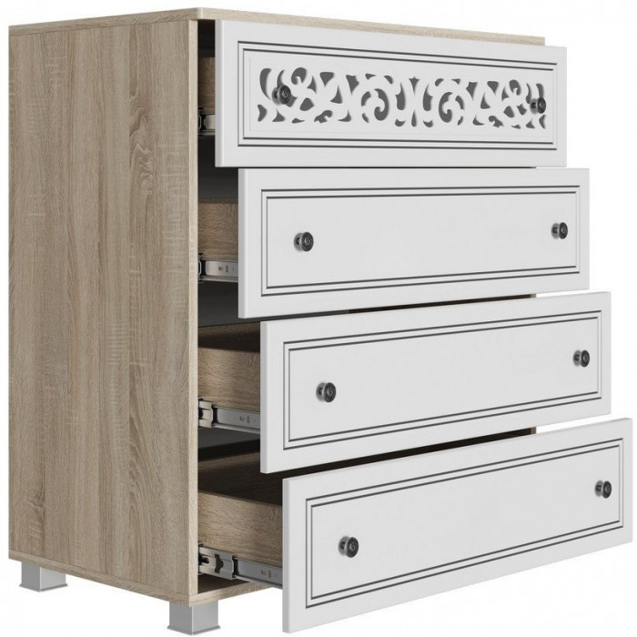 Стиль МАДЛЕН Комод (Дуб Сонома светлый/Ясень белый Эмаль/Серебро)