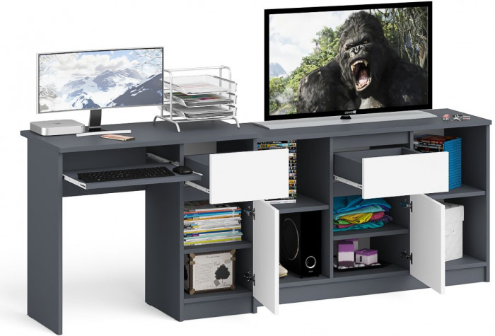 Мори компьютерный стол МС-1 правый + Тумба МТВ1204.1, графит/белый