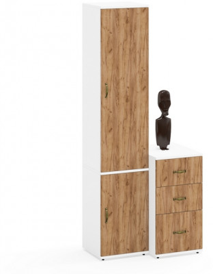 Лидер-8 Пенал МД 22Б + Тумба МД 3.16, цвет белый шагрень/крафт золото, ШхГхВ 80х50х190 см., универсальная сборка