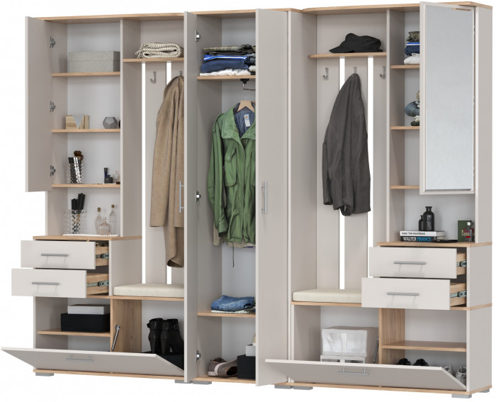 Прихожая Домино 3, цвет дуб крафт золотой/кашемир серый, ШхГхВ 260х36х202 см., универсальная сборка