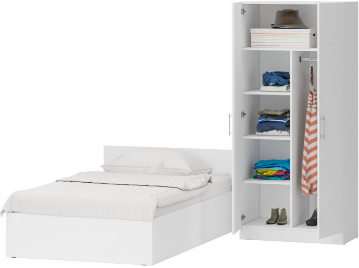 Кровать 1200 + Шкаф 2-х створчатый Стандарт, цвет белый, ШхГхВ 123,5х203,5х70 + 90х52х200 см., сп.м. 1200х2000 мм., без матраса, основание есть