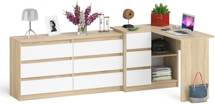 Мори компьютерный стол МС-16 левый + Комод МК1380.6, дуб сонома/белый