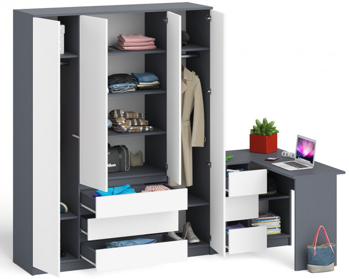 Мори компьютерный стол МС-16 левый + Шкаф МШ1600.1, графит/белый