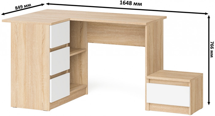 Мори Стол компьютерный МС-16 левый + Тумба ТМП400.1, цвет дуб сонома/белый, ШхГхВ 164,8х84,9х76,6 см., выдвижные ящики слев, НЕ универсальная сборкаа