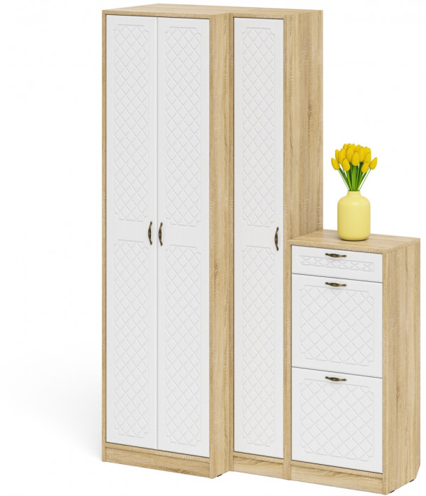 Прихожая П-6 Компоновка № 28, дуб сонома/фасады МДФ белое дерево фрезеровка ромб