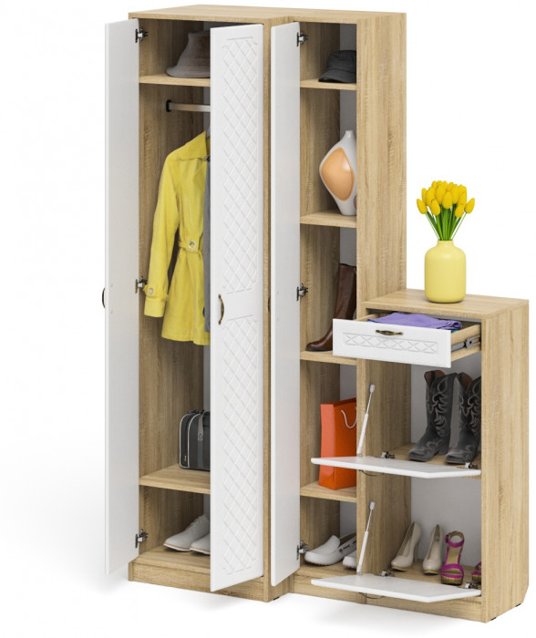 Прихожая П-6 Компоновка № 28, дуб сонома/фасады МДФ белое дерево фрезеровка ромб