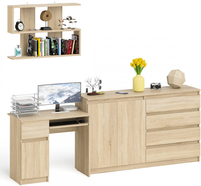Мори компьютерный стол МС-1 левый + Комод МК1600.1 + Полка 900, дуб сонома