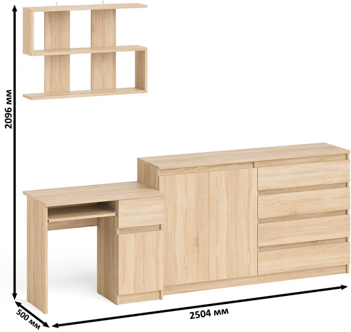 Мори компьютерный стол МС-1 левый + Комод МК1600.1 + Полка 900, дуб сонома