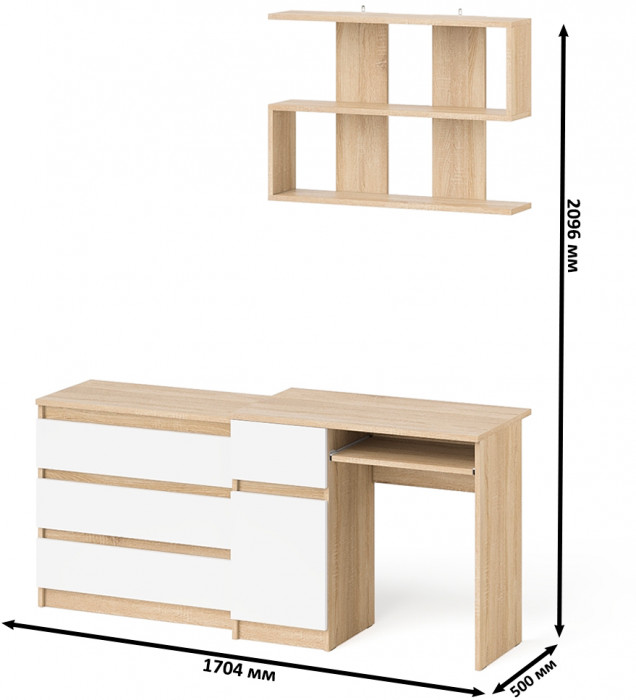 Мори Стол компьютерный МС-1 левый + Комод МК800.1 + Полка 900, цвет дуб сонома/белый, ШхГхВ 170,4х50х209,6 см., НЕ универсальная сборка